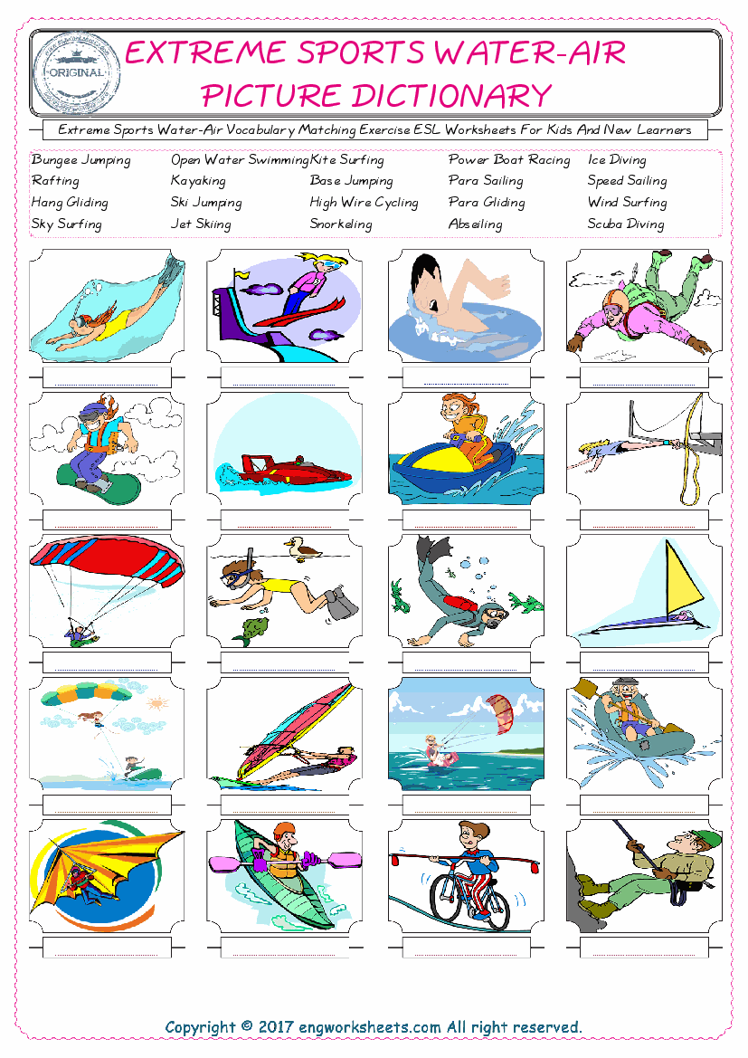  Extreme Sports Water-Air for Kids ESL Word Matching English Exercise Worksheet. 